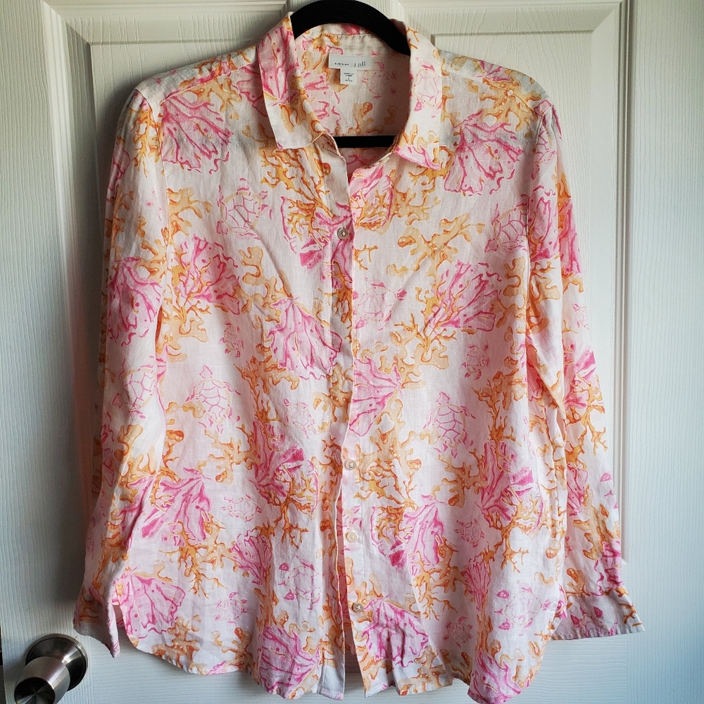J. Jill 100% Linen Pink Orange Button Petite Small